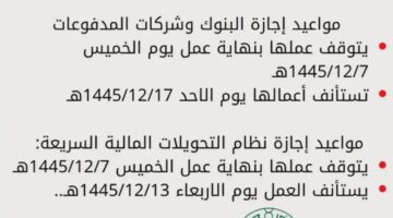 البنك المركزي يعلن .. مواعيد عمل البنوك في المملكة السعودية 1445 بعد عيد الأضحى المبارك